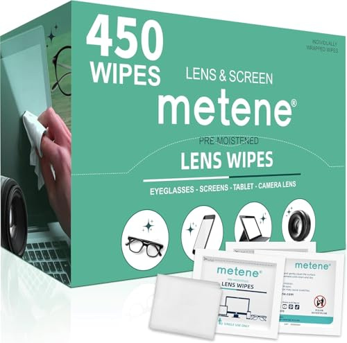 Metene Lens Cleaning Wipes, 450PCS Individually Wrapped Glasses Wipes | Pre-Moistened Lens Wipes Scratch & Streak-Free Cleaner for Eyeglasses, Sunglasses, Camera Lenses, Computer Screens & Tablets