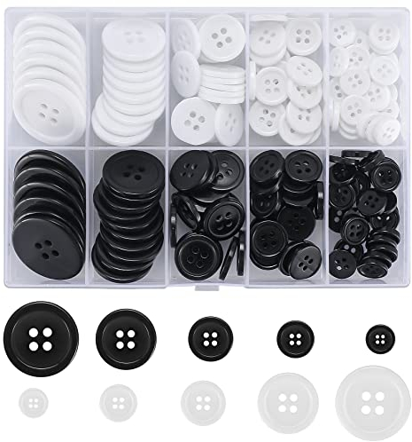 160 Stück Schwarze Weiße Hemdknöpfe, 4 Löcher Knöpfe Rund zum Nähen, Basteln Harz Knöpfe für Nadeln Stricken Handwerk - 10mm, 13mm, 15mm, 20mm, 25 mm﻿﻿