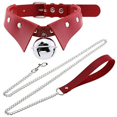 LAIFEKE Punk Glocken Choker Kette PU Leder Gothic Halsband Halskette Goth Leash Gürtel Hals Zubehör Einstellbare Größe (Rot)