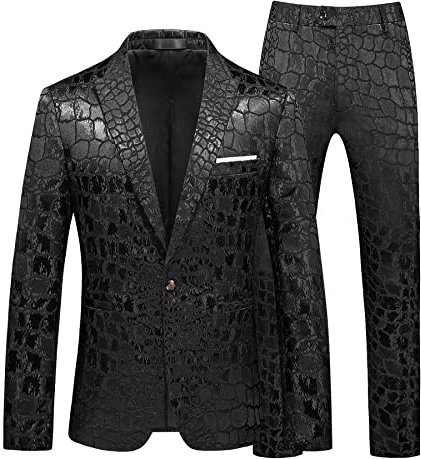 MOGU Mens 2 Piece Single Breasted Suit Jacquard Dress Slim Fit Fancy Wedding Prom Dinner Black Tuxedo Jacket 44 and Pants 40 Black