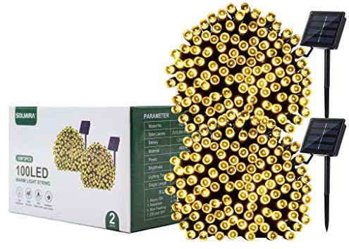 Luces Solares LED de Exterior, 2 Tiras de 100 LEDs Cálidas, 24M, 8 Modos, Certificado CE y RoHS