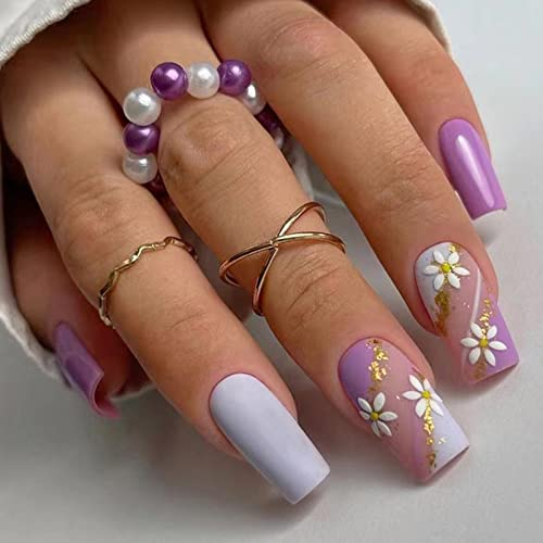 Ceboic 24 Stück Nägel Zum Aufkleben Mittel Eckig, Ballerina French Square Kunstnägel Press on Nails mit Blumen Designs, Blau & Lila Acryl Fingernägel Künstliche Nägel für Frauen und Mädchen