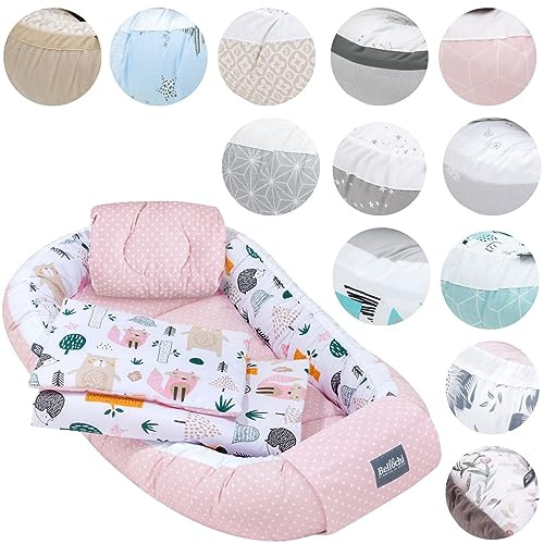 Bellochi Kuschelnest-Set, 5-teilig, für Neugeborene, 60 x 90 cm, Matratze für Babys, 30 x 70 cm, Decke für Neugeborene, 50 x 75 cm, 100 % Baumwolle