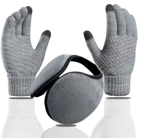 SANKRO Winterhandschuhe für Damen und Herren + kalte Ohrenschützer, Thermo-Handschuhe, Touchscreen, elastische Strickhandschuhe mit warmem Futter, thermische Winterhandschuhe - zum Laufen (Grau)