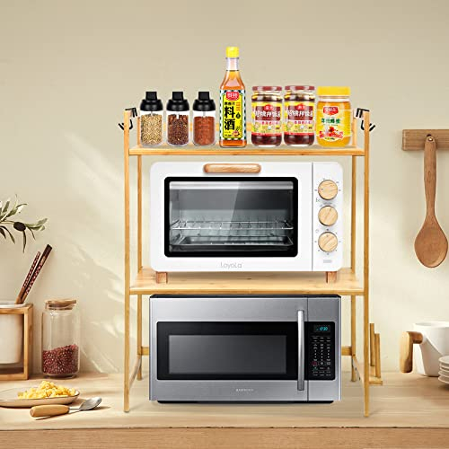 Soporte Microondas de Madera, Estante para Horno de Microondas, Estante de Cocina con 4 Ganchos, Estantería Cocina (2 Niveles-52 * 30 * 35cm)