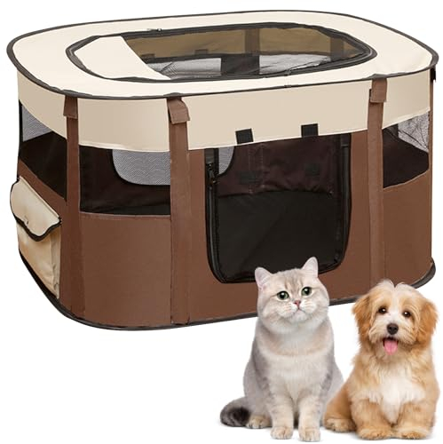 Welpenlaufstall Tierlaufstall, Faltbarer Haustierzaun, Welpenauslauf Rechteckiges Zelt, Welpenlaufstall für Drinnen, Tragbar Kleintiergehege für Kätzchen, Welpen, Kaninchen (Braun)