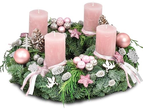 Frischer Premium-Adventskranz Eiszeit in Rosé-Grau, handgebundener Kranz aus echter Nobilistanne, Durchmesser 30 cm, mit 4 hochwertigen Rustikkerzen, Adventszeit & Weihnachtsdekoration
