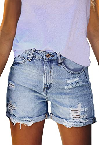 Pink Queen Women's High Waisted Denim Shorts Casual Ripped Summer Hot Short Jeans Soft Cotton Frayed Distressed Jeans Shorts with Pockets Blue S