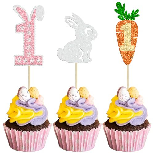 Gyufise 24Pcs Easter Bunny One Cupcake Toppers Glitter Rabbit Carrot One Cupcake Picks Easter Day 1st Cupcake Toppers for Easter Theme Birthday Baby Shower Party Supplies