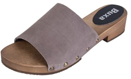 Buxa L40 Damen Clogs Leder Schuhe aus Holz, Holzclogs Pantolette, Holz Sohle (Grau, EU Schuhgrößensystem, Erwachsene, Damen, Numerisch, M, 39)