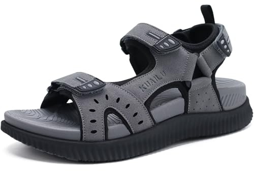 KuaiLu Mens Leather Hiking Sandals with Arch Support Orthopedic Sport Recovery Athletic Walking Sandals For Man Outdoor Summer Casual Thick Cushion Beach Water Fisherman Sandal, size 9 Grey