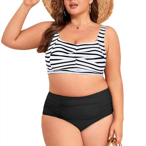PONCEAU Bikini Damen Große Größe High Waist Badeanzug Push Up Bademode Zweiteiler Bikini Set mit Brustkissen