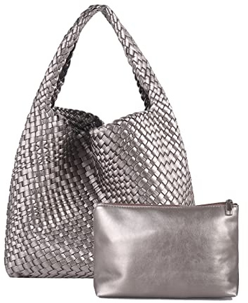 Gewebte Hobo-Tasche für Damen, veganes Leder, Schultertasche, Tragegriff oben, silber, Large