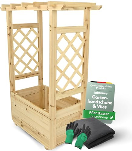 holz4home® Pflanzkasten mit Rankgitter & Dachregal I Aus Tannenholz inkl. Vlieseinlage & Gartenhandschuhe I Blumenkasten mit Spalier für Garten Terrasse I Hochbeet mit Rosenbogen Balkonkasten (S)