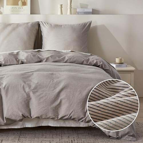 Simple&Opulence Bettwäsche 135x200 Baumwolle Gestreift Muster, 100% Gewaschene Baumwolle Bettbezug Set, Weich, hypoallergen, Enthält 1 Bettbezug 135x200 cm + 1 Kissenbezug 80x80 cm, Dunkelgrau-beige