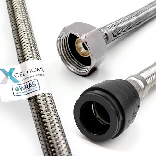 Xcel Home 22mm x 3/4 BSP (300mm) Push Fit Tap Connector | WRAS Approved | Braided Stainless Steel Hose Flexi for Kitchen Sink & Bathroom Basin Taps | 2 Flexi Tails Pipes | 300mm Long Flexible