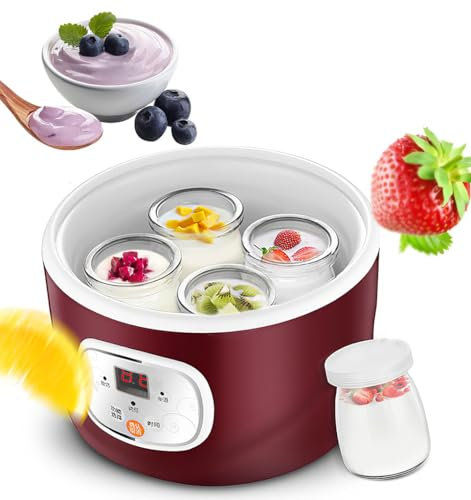 Yogurtera Automática, Máquina Compacta para Hacer Yogur Griego con Control De Temperatura Constante, Yogurtera De Acero Inoxidable con Revestimiento De 1 Litro Y 4 Tarros De Vidrio De 1000 Ml, para