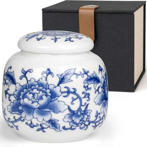 Urnas pequeñas para cenizas humanas, mini urnas conmemorativas de cerámica china azul y blanca, capacidad para 12 pulgadas cúbicas de cenizas, compartir recuerdo de cenizas con exquisita caja honra a