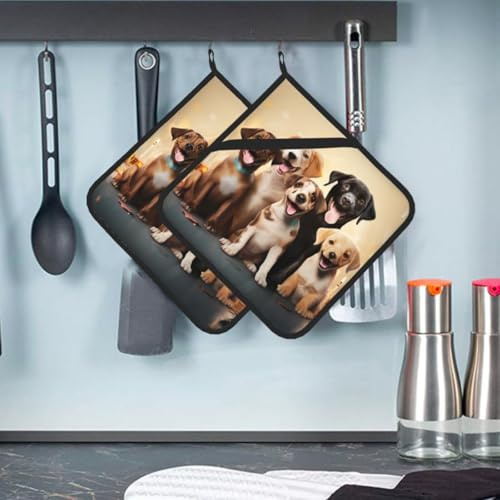 2 Pack Pot Holders for Kitchen Heat Resistant Pot Holder Set Oven Hot Pads with Pockets Water Proof Potholders Oven Mitts Dogs Happy Party Cooking Potholder for Baking 8''x 8''