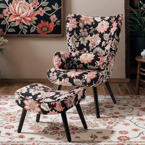 Matomn Relaxsessel mit Hocker Patchwork Sessel Holz Sessel Wohnzimmer moderner Ohrensessel mit Massivholzfüße Fernsehsessel Leinen Loungesessel Stuhl (Rote Blume)