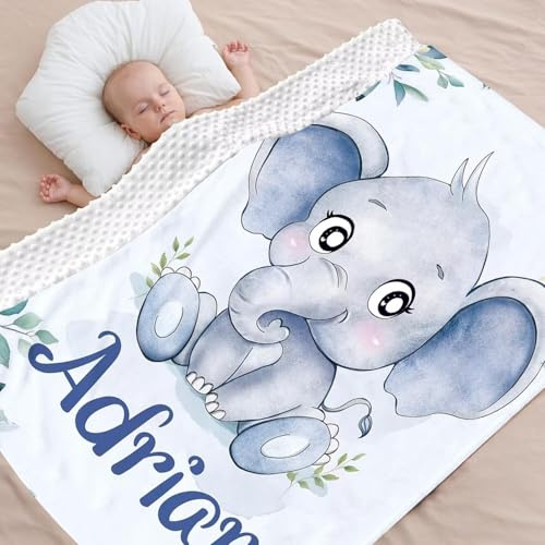 Babydecke mit Namen Personalisiert,Elefant Muster Flauschige Warme doppelseitig Minky Kuscheldecke,Geschenk Baby Taufe Geburt Mädchen Junge für Kinderdecke Namensdecke Krabbeldecke