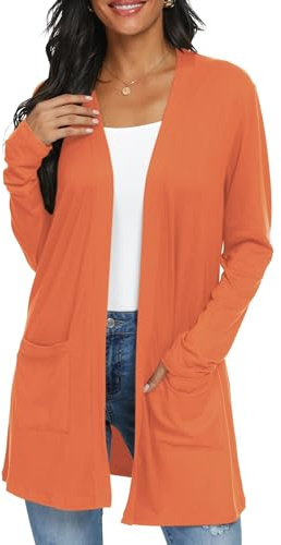 QIXING Cardigan leggero da donna - Stile casual - Lungo ed elegante - Cardigan sottile - Maniche lunghe - Con tasche aperte sul davanti - Cardigan per donna - Autunno, arancione, M