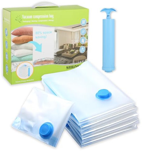Bolsas Vacío Ropa – Bolsas Almacenaje Ropa con Válvula Hermética & Bomba Manual 12 Piezas 40×60cm, 50×70cm,60×80cm,80×100 cm – Vacuum Bags Reutilizables para Viaje, Ropa de Cama, Almohadas