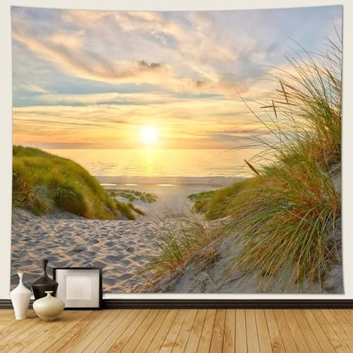 Musihy Meereslandschaft Wandbehang Wandteppich, 350x256cm Sonnenuntergangsszenerie am MeerWanddeko für Schlafzimmer Wohnzimmer, Gelb-grün Beige