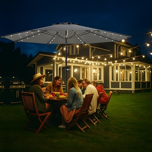 3.5M Strandschirm mit LED Solar,Sonnenschirm,Marktschirm mit Kurbel,Sonnenschutz,UPF 50+,Wasserdicht Gartenschirm,Balkonschirm,Terrassenschirm,Kurbelschirm für Terrasse,Pool,Ohne Ständer,Anthrazit
