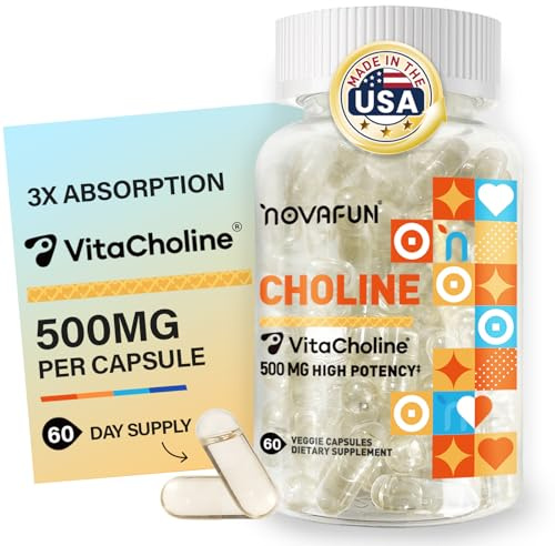 Novafun Choline Supplements 500mg, Brain Health & Cognitive Function Support, Vegan, Non-GMO, Gluten-Free, 60 Capsules (60-Day Supply)