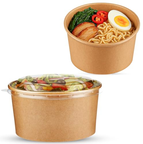 CHEF ROYALE 20 cuencos de papel kraft de 1300 ml con tapas, cuencos desechables para llevar para alimentos fríos y calientes, recipientes de sopa a prueba de fugas, cuencos de embalaje de cartón