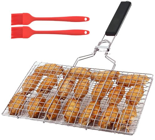 Cestello Barbecue con Manico Rimovibile & 2 Spazzole Silicone, Cestino Portatile Acciaio Inossidabile, Griglia Pieghevole per Grigliate Pesce, Verdure, Bistecca, Gamberetti, Carne, Salsicce