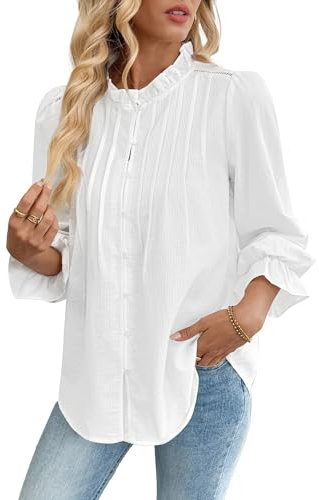 Bsubseach Women Puff Long Sleeve Shirt Textured Button Down Cotton Work Blouse Eyelet Ruffle Collar Dressy Casual Tops White M