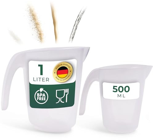 Novaliv Messbecher Set 500ml 1000ml, Meßbecher Küche transparent mit klarer g/ml Skala für Flüssigkeiten Mehl & Zucker, Made in Germany, Spülmaschinenfest, Rührschüssel Messbehälter Werkstatt