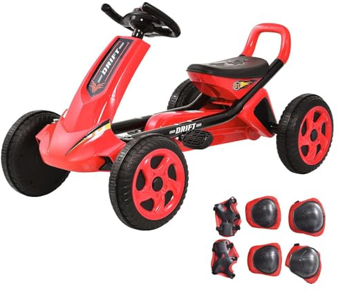 Tretfahrzeug 4-Rad Pedal-Gokart Für Kinder 3-10 Jahre | Verstellbarer Sitz 120-160 cm | Anti-Rutschreifen & Handbremse | Hochfester Stahlrahmen Mit PP-Verkleidung | Mit 6-teiligem Schutzset