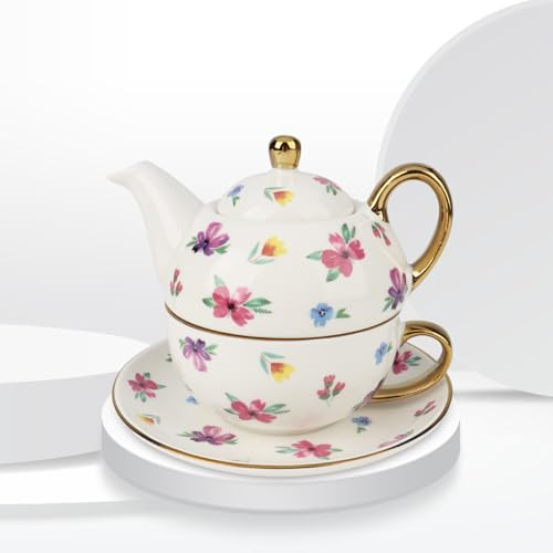 Tea for One, Teapot Tea Cup and Saucer, Gifts for Women Vintage Floral Gold-Plated Tea Set for one (Purple Crushed)