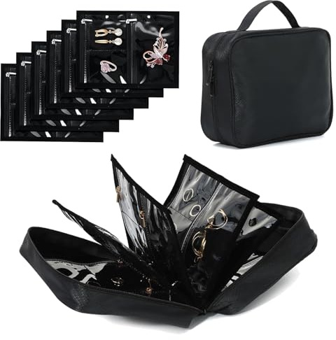 KOSLEOW Portagioie da Viaggio, Organizzatore di Gioielli da Viaggio con Tasche Trasparenti e Buste con Cerniera Amovibili, Jewelry Organizer Custodia per Collane, Braccialetti, Orologi - Nero