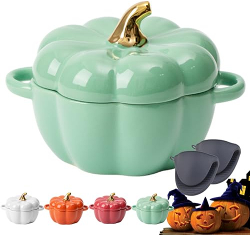 Pumpkin Dutch Oven Pot with Lid, 0.41 qt Pumpkin Cast Iron Dutch Ovens for Bread Baking, Mini Cocottes Enameled Cast Iron Dutch Oven with Handels (Green-0.45ml)
