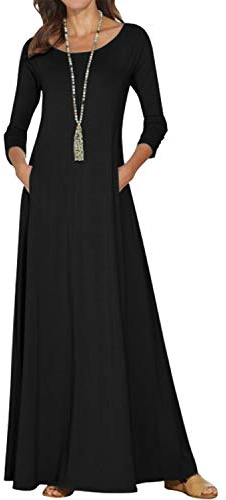 Kvruhuiy Women's Cotton Dress 3/4 Long Sleeve Maxi Dress Casual Dresses with Pockets Black L