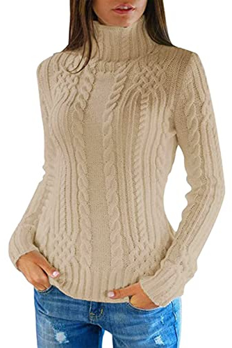 Cable Knit Jumper Women Trendy Polo Neck Knitted Jumpers Winter Slim Fit Turtleneck Sweaters Dressy Casual Thermal Warm Pullover Sweater Cozy High Neck Knitwear,L,Beige