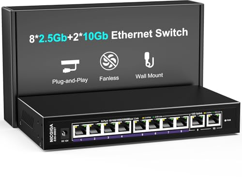Commutateur Ethernet 10GbE Non géré avec 2 Ports RJ45 10Gb ➕ 8 Ports 2,5Gb Base-T, commutateur réseau NICGIGA 10 Ports 10Gbps pour Point d’accès sans Fil, NAS et PC.