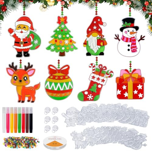 AHIKY Kits Manualidades Navidad para Niños, 24 Piezas Atrapasoles Adorno Navideño Acrílico para Pintar, DIY Ornamentos Navidad Niños, Decoración Colgante Creativa para Ventanas Regalo Artesanal