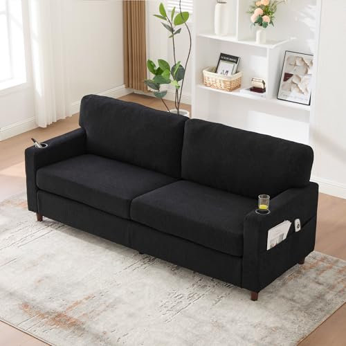 Zepneiy Zweisitzer-Sofa im modernen Design, Sofa mit USB-C, LED-Stimmungsbeleuchtung, 2-Sitzer-Sofa mit Getränkehalter und Seitentaschen, Chenille-Stoff, geeignet für Wohnzimmer oder Büro, Schwarz