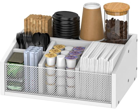 CADUKE Weißer Kaffee Spender Organizer, 5-Fächer Kaffeebar Aufbewahrungsbox für Büro und Küche – Ideal zur Organisation von Servietten, Süßstoff, Rührstäbchen und Kaffeekapseln