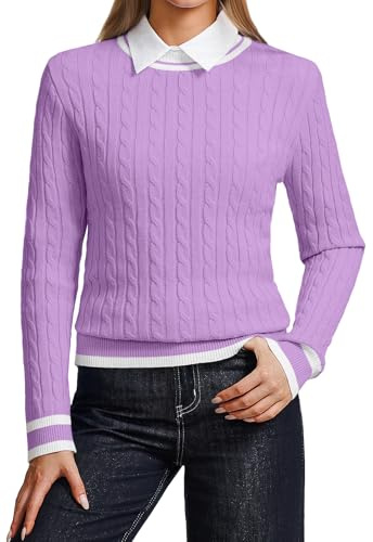 YUNDAI Womens Cable Knit Crewneck Long Sleeve Lightweight Casual Jumper