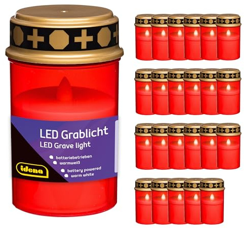 Idena 90394 - LED Grabkerzen mit Deckel, 24 Stück je 6,5 x 12 cm, Grablicht aus Kunststoff in Rot und Gold, batteriebetriebene Trauerkerzen für draußen