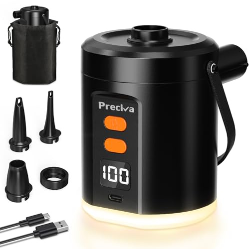 Preciva Elektrische Luftpumpe mit Akku, 5000mAh USB-C wiederaufladbar, 280L/Min 4kPa, Kompakte Camping-Luftpumpe mit 3 Düsen & LED-Licht & Tasche, für Luftmatratzen Schwimmreifen Strand Garten