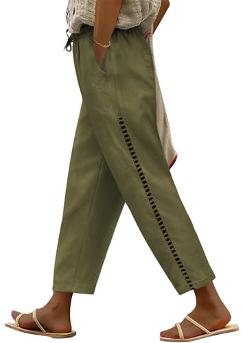 CMTOP Pantalones Mujer Verano Casuales de Lino Pantalon Elástico Cintura Suelta Pantalon Cómodo Ligero Pantalones Flojo Playa con Bolsillos Cordón (Verde Militar, M)