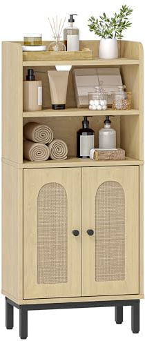 Hzuaneri Badezimmerschrank, Badschrank, 2 Verstellbarer Regalboden | Küchenschrank mit 2 offenen Fächern, 2 Türen, Freistehender Badezimmer, 20 × 37 × 84 cm, Helle Eiche BC48202B