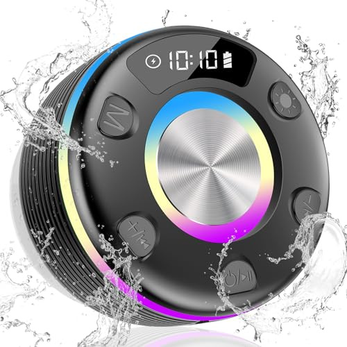 OYIB Bluetooth Shower Speaker, Portable Bluetooth Speaker with 360° Surround Sound, RGB Lights, Built-in Mic, IPX7 Waterproof Wireless Speaker with Suction Cup for Party/Outdoor/Bathroom/Travel Black
